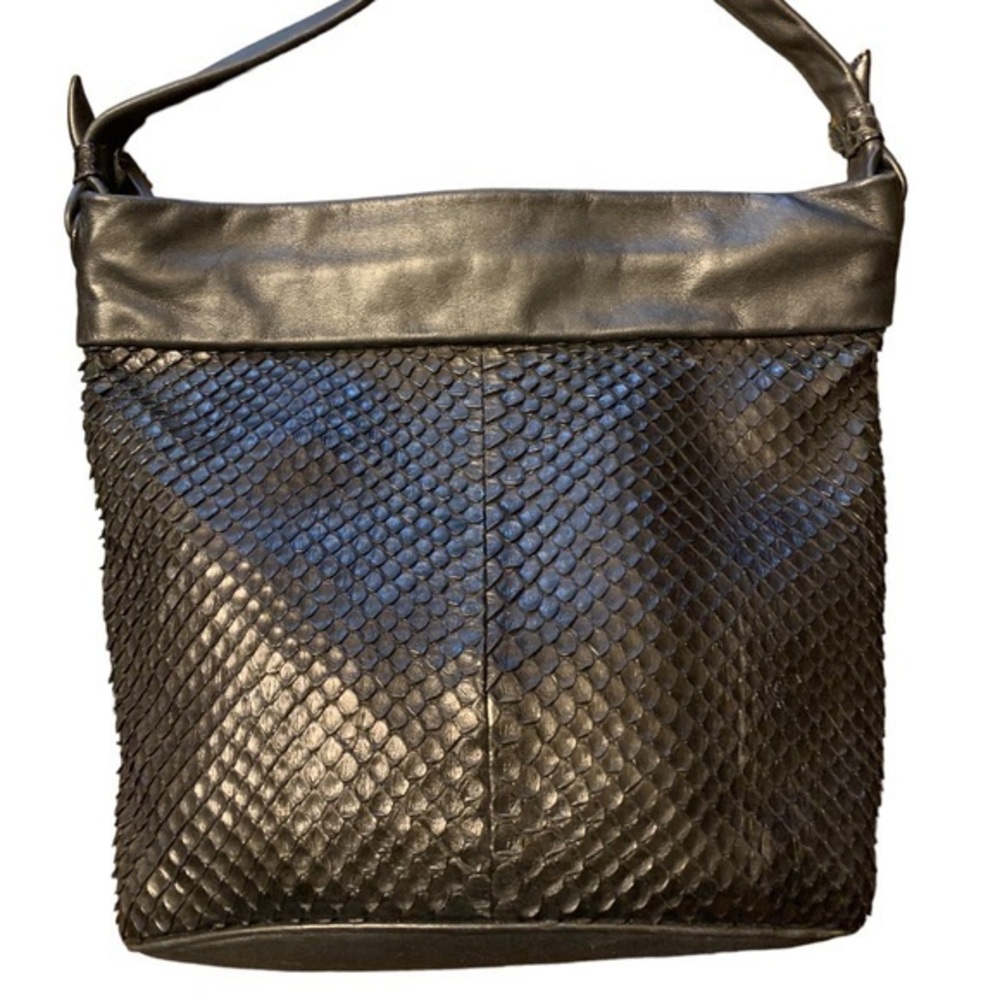 Charles Klein Black Italian Leather Crossbody Shoulder Bag Snakeskin Accent